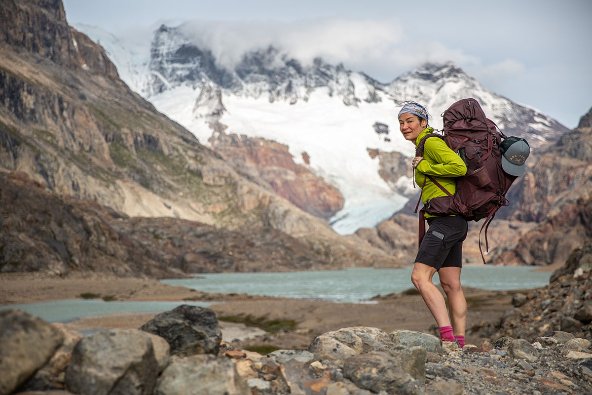 Gregory Deva 70 backpack (standing with pack in Patagonia mountains)
